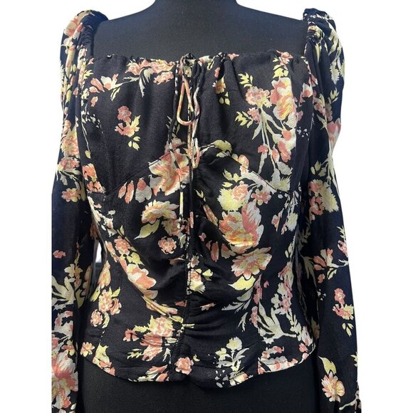 FREE PEOPLE HILARY Floral Print Square Neck Long Sleeve Crop Top Tie Back - Picture 2 of 10